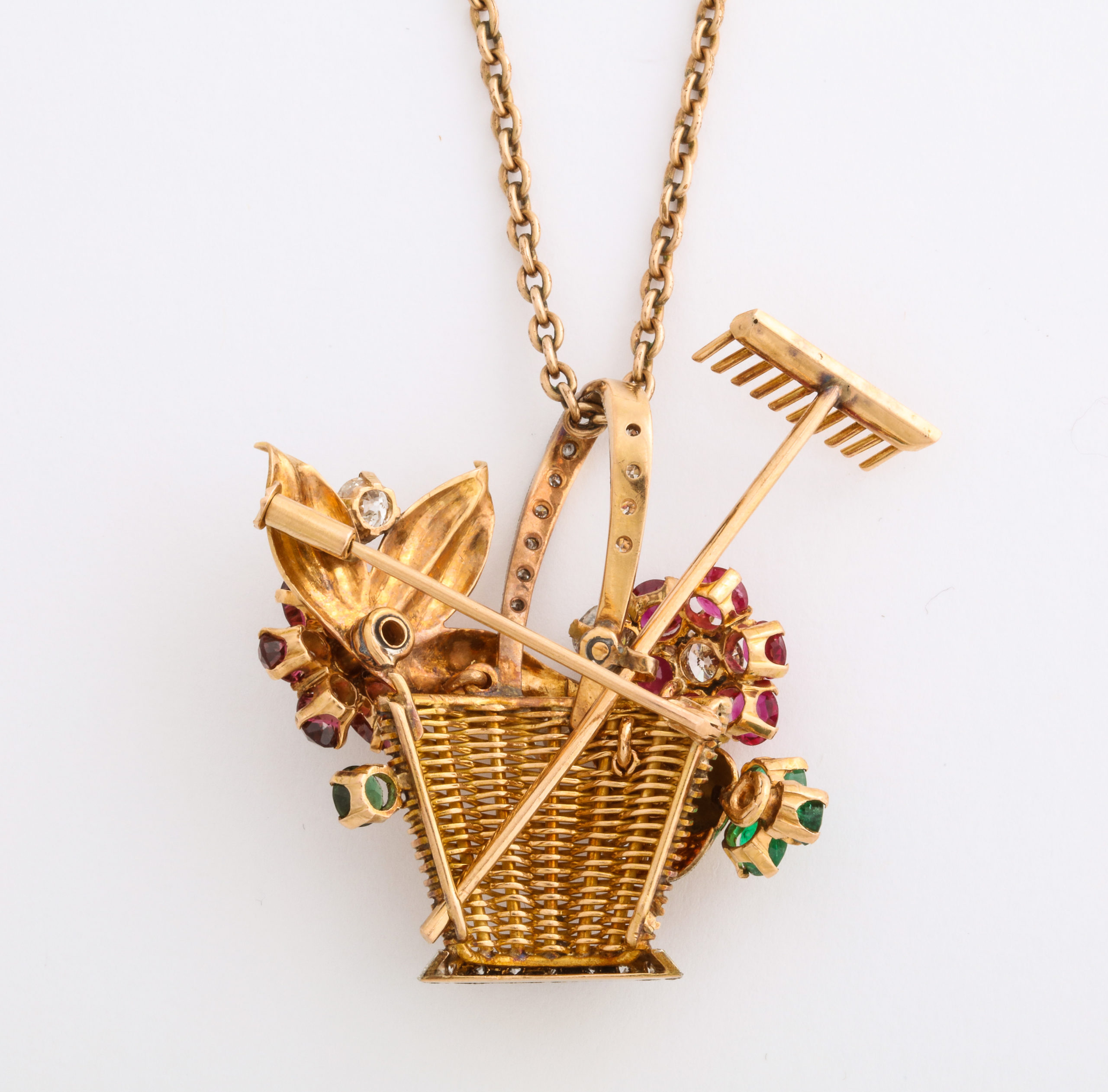 1950s Ruby, Emerald, Tourmaline and Diamond 18k Gold Flower Basket Pin/Pendant - Image 13