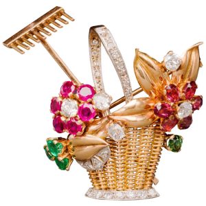 Jewelled Two-Color Gold Gardening Flower Basket Pin, 1940s