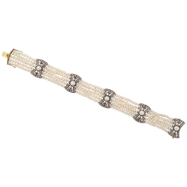 Five Strand Pearl Diamond Gold Bracelet