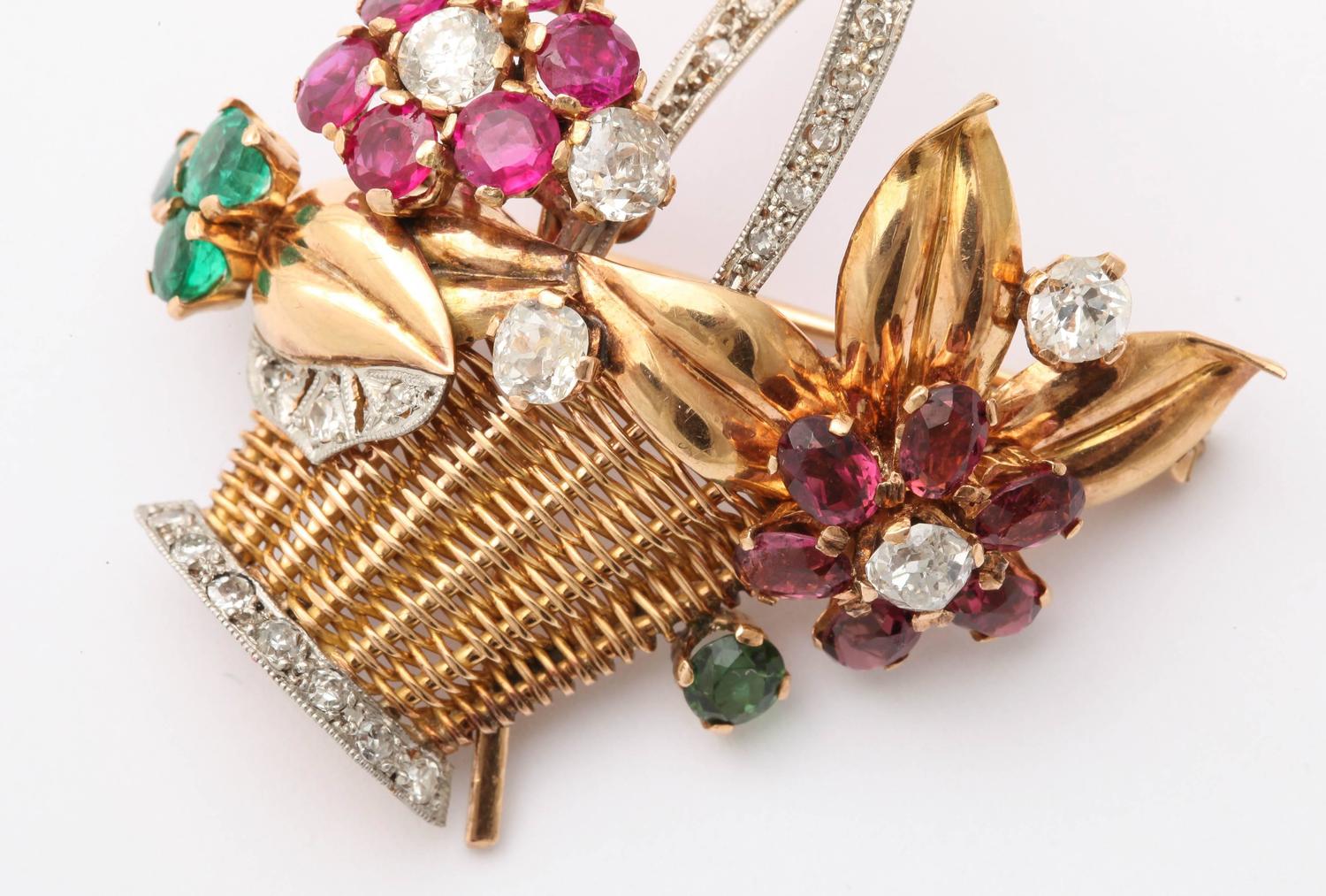 Jewelled Two-Color Gold Gardening Flower Basket Pin, 1940s