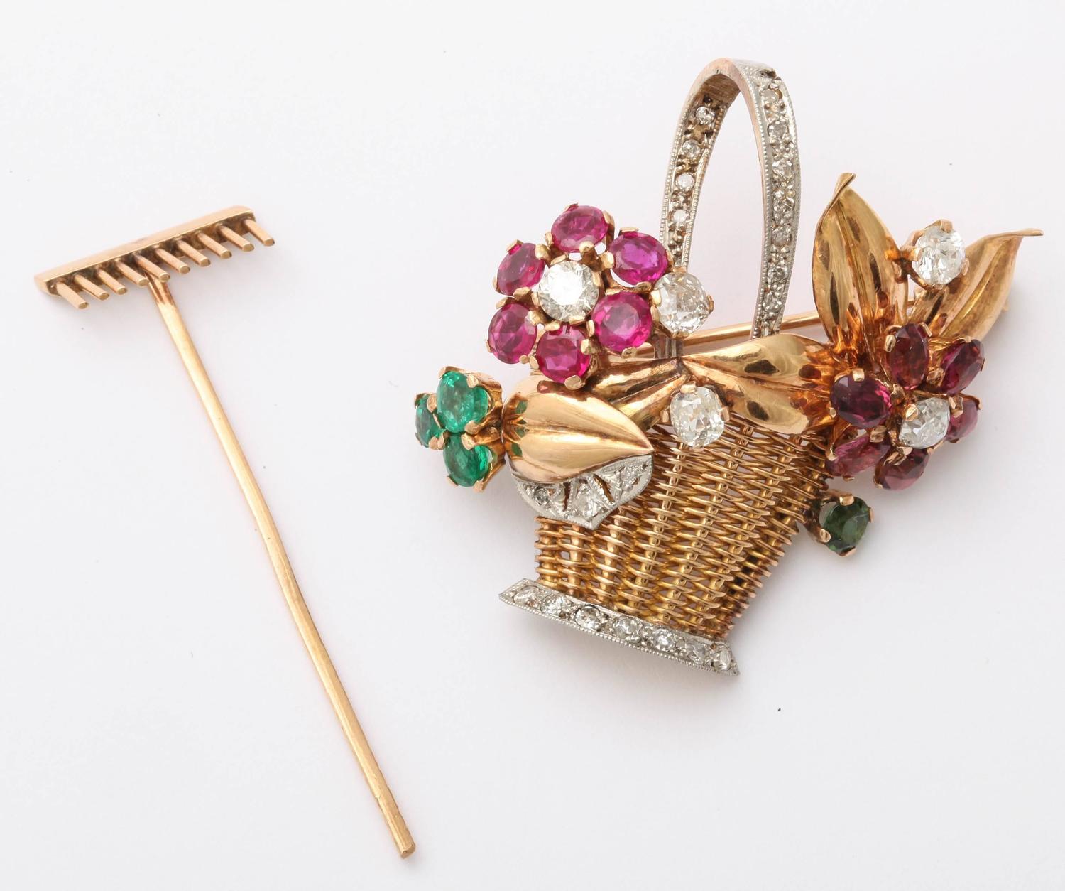 Jewelled Two-Color Gold Gardening Flower Basket Pin, 1940s