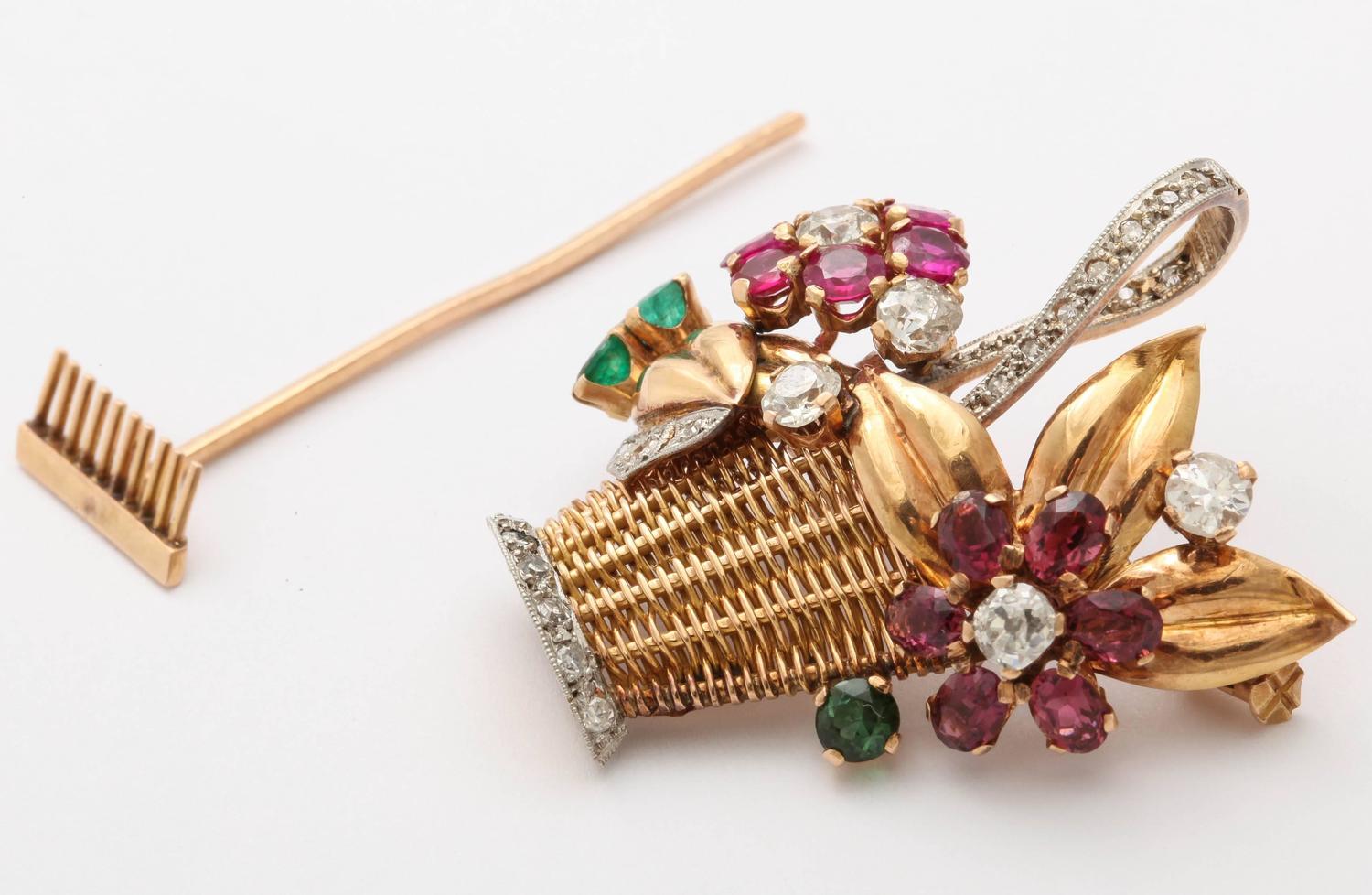 Jewelled Two-Color Gold Gardening Flower Basket Pin, 1940s