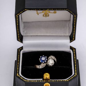 1890s French Sapphire Diamond Silver Gold Engagement Ring