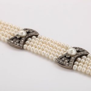 Five Strand Pearl Diamond Gold Bracelet
