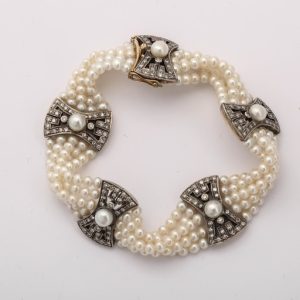 Five Strand Pearl Diamond Gold Bracelet