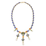 Enameled Pearl Diamond 18k Gold Garland Necklace, 20th century