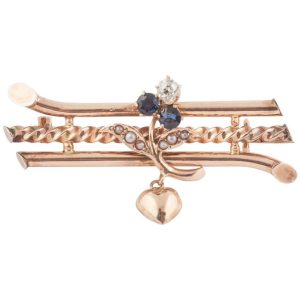 Russian Imperial-era Gold Sapphire Diamond Brooch with Heart, circa 1900