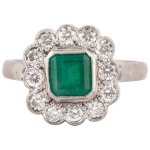 English Emerald and Diamond Cluster Ring, Early 20th Century