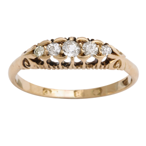 English 18k Gold Diamond Five Stone Ring, Mid-20th Century