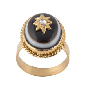 1890s English Victorian Bull's Eye Agate Diamond Ring