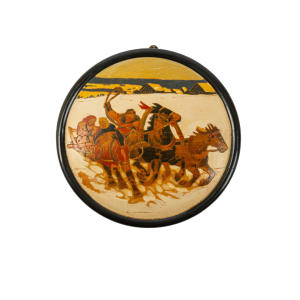 Circular Russian Painting of a Troika on Wood, 20th century