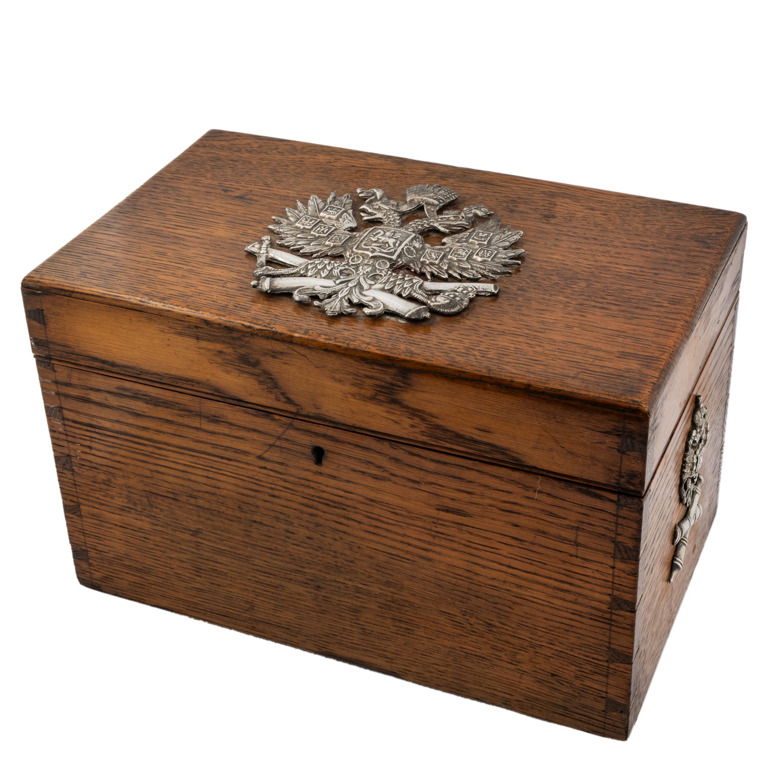 Large Oak Box with Silver Romanov Double-headed Eagles, circa 1900