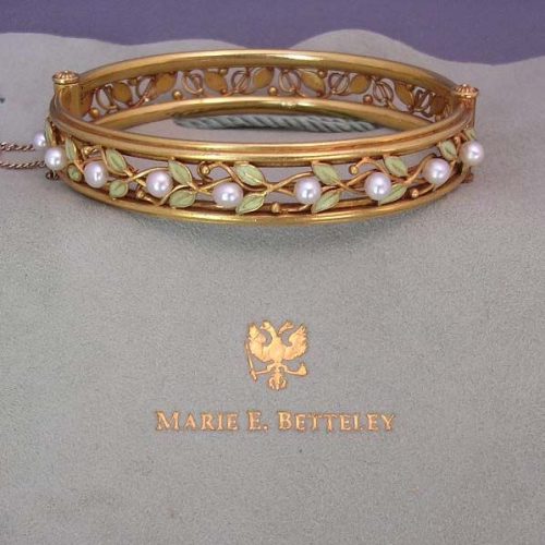 Arts & Crafts Enamel Pearl Gold Bangle Bracelet