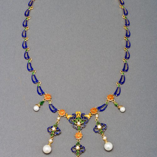 French Enamelled Pearl Diamond Gold Byzantine Style Necklace