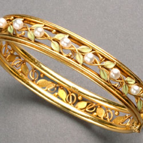 Arts & Crafts Enamel Pearl Gold Bangle Bracelet