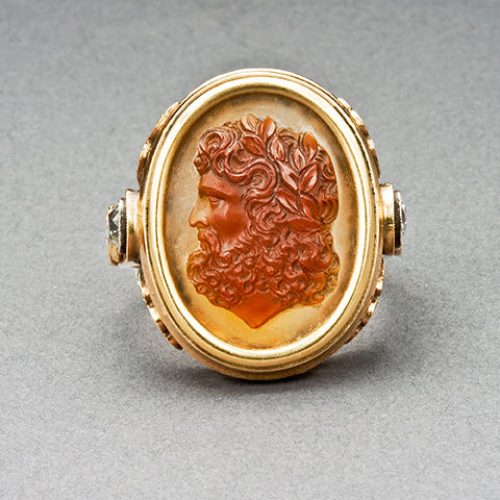 Large Gold and Carved Cameo Zeus Ring, circa 1870