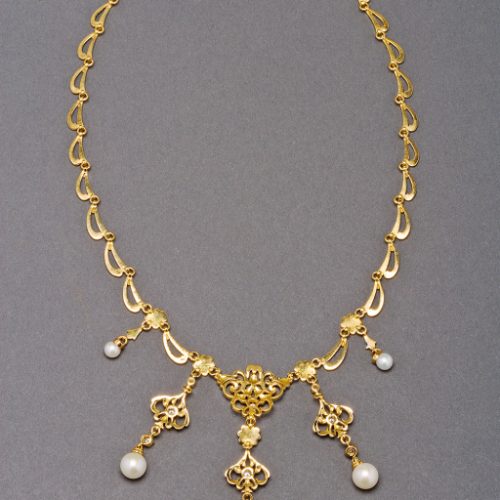French Enamelled Pearl Diamond Gold Byzantine Style Necklace
