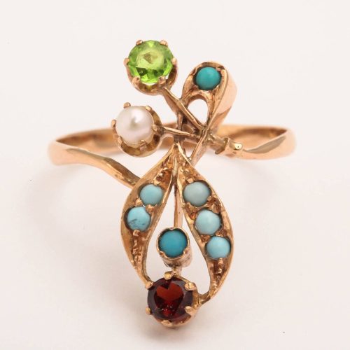 Russian Art Nouveau Gem Set Gold Floral Ring