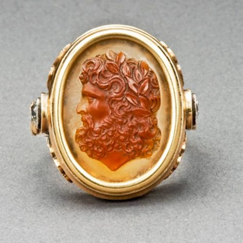 Large Gold and Carved Cameo Zeus Ring, circa 1870