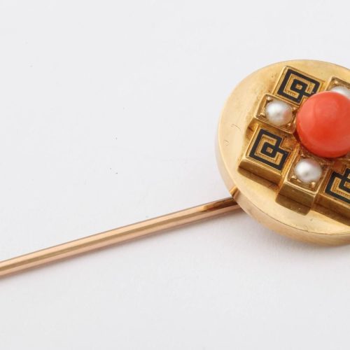 1925 French Coral Pearl Enameled Gold Tie Pin