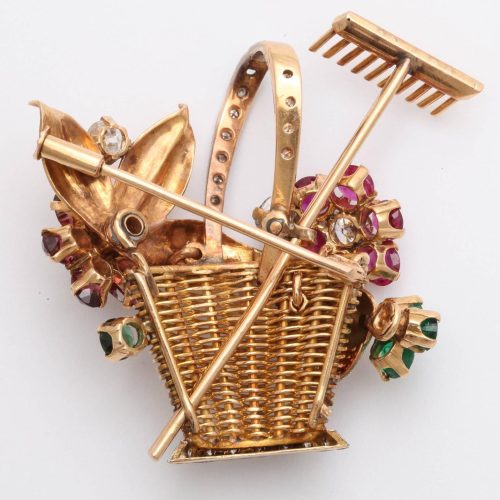 Jewelled Two-Color Gold Gardening Flower Basket Pin, 1940s