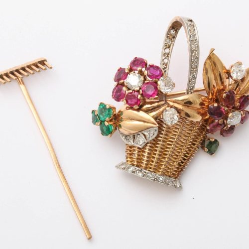 Jewelled Two-Color Gold Gardening Flower Basket Pin, 1940s