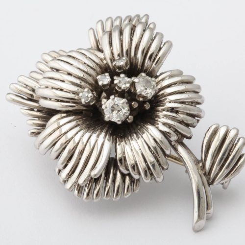 1950s French Diamond Gold Flower Pin, Paris