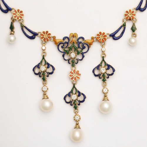 French Enamelled Pearl Diamond Gold Byzantine Style Necklace