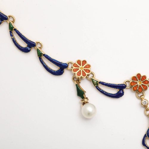 French Enamelled Pearl Diamond Gold Byzantine Style Necklace