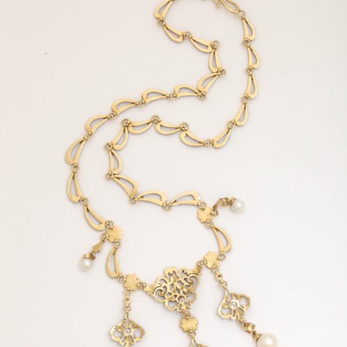 French Enamelled Pearl Diamond Gold Byzantine Style Necklace