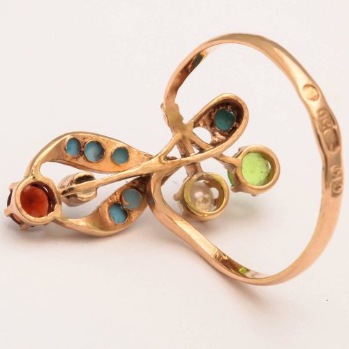 Russian Art Nouveau Gem Set Gold Floral Ring