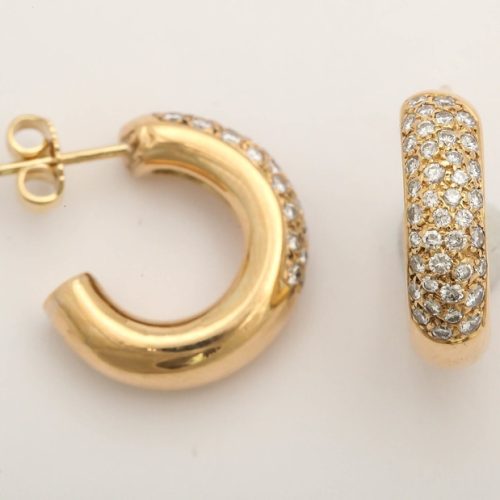 20th Century French Diamond Gold Hoop Earrings
