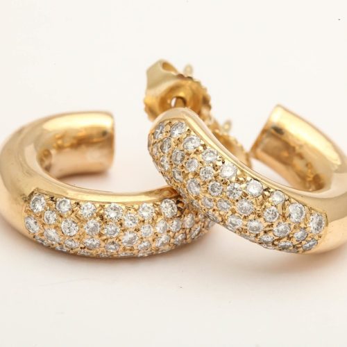 20th Century French Diamond Gold Hoop Earrings