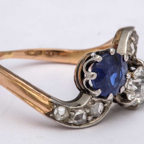 1890s French Sapphire Diamond Silver Gold Engagement Ring