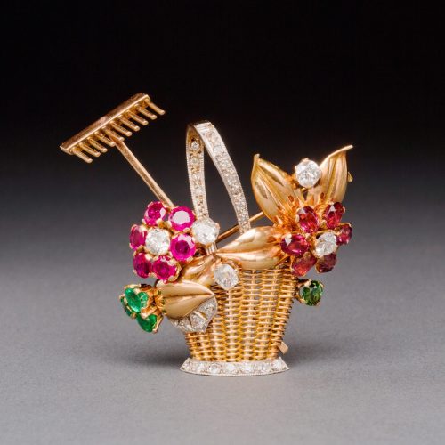 Jewelled Two-Color Gold Gardening Flower Basket Pin, 1940s