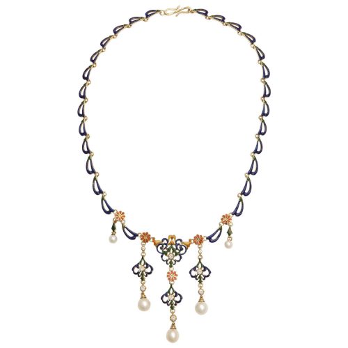 French Enamelled Pearl Diamond Gold Byzantine Style Necklace